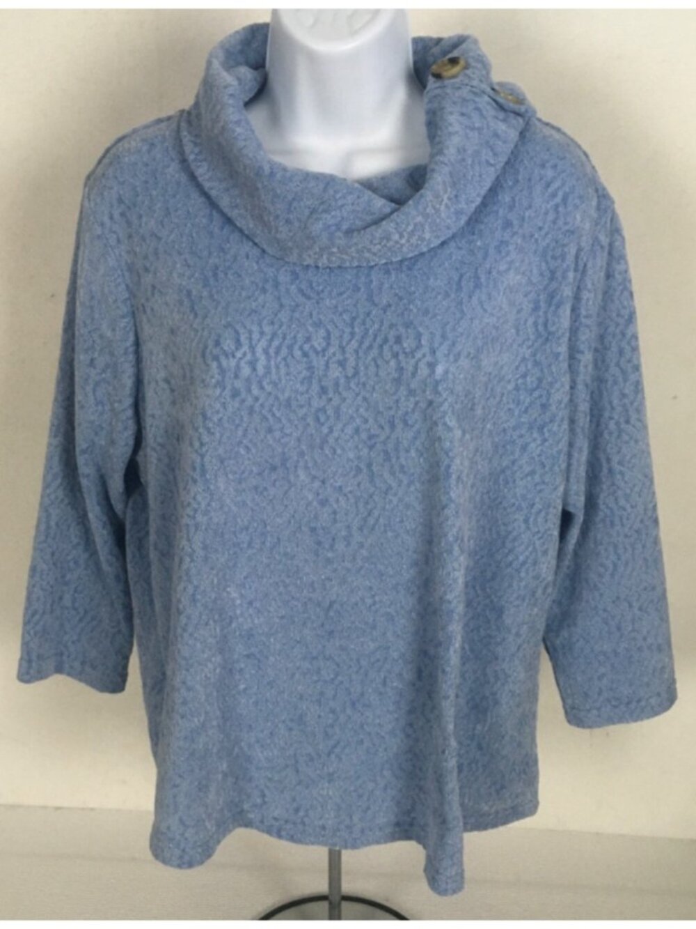 Ruby Rd Sweater Size PL Light Blue Blue Cowl Neck w Buttons 3/4 Sleeves Soft